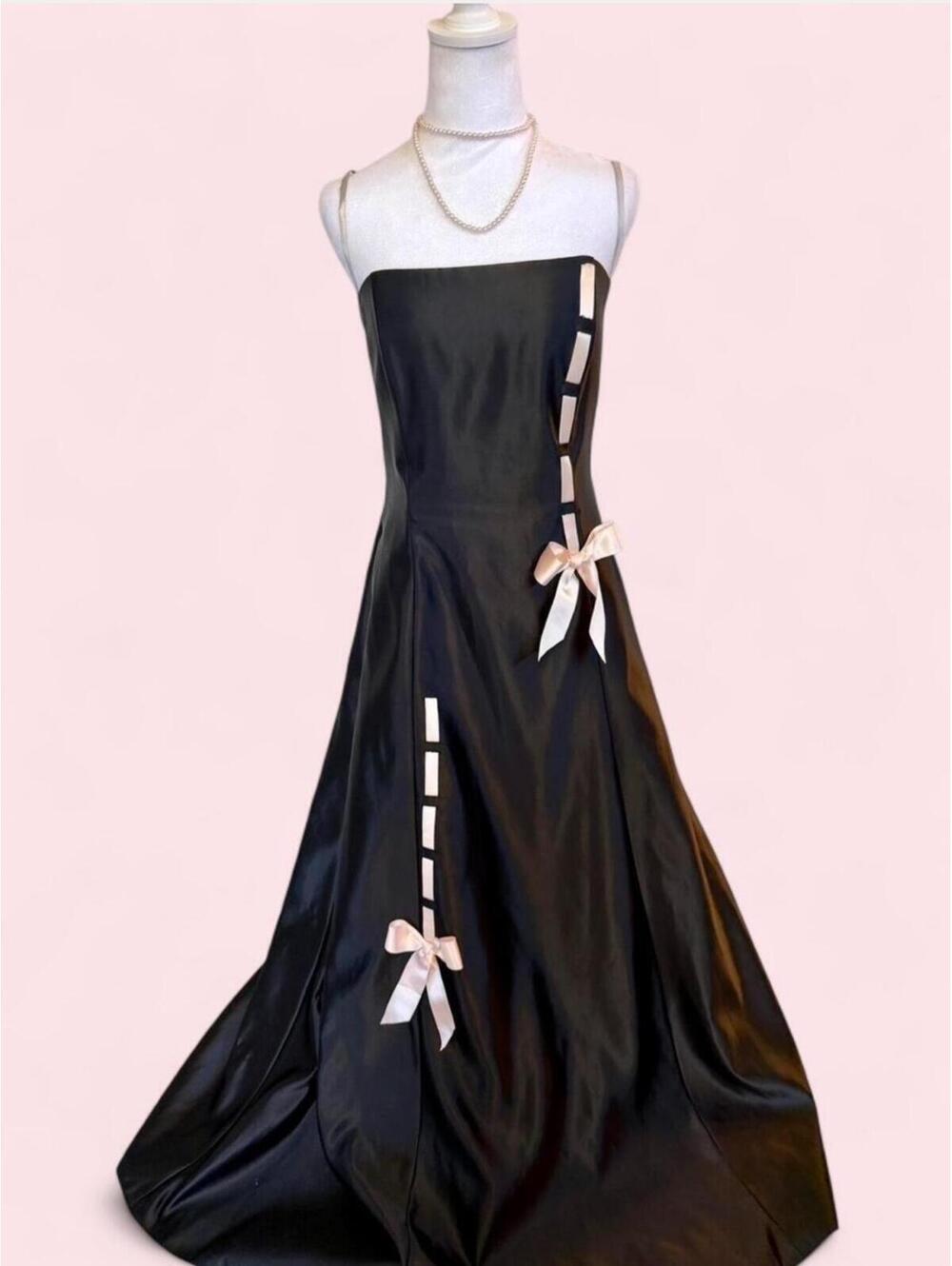 VTG Gunne Sax/Jessica McClintock Black Satin Formal Prom Dress Pink Ribbon Bows